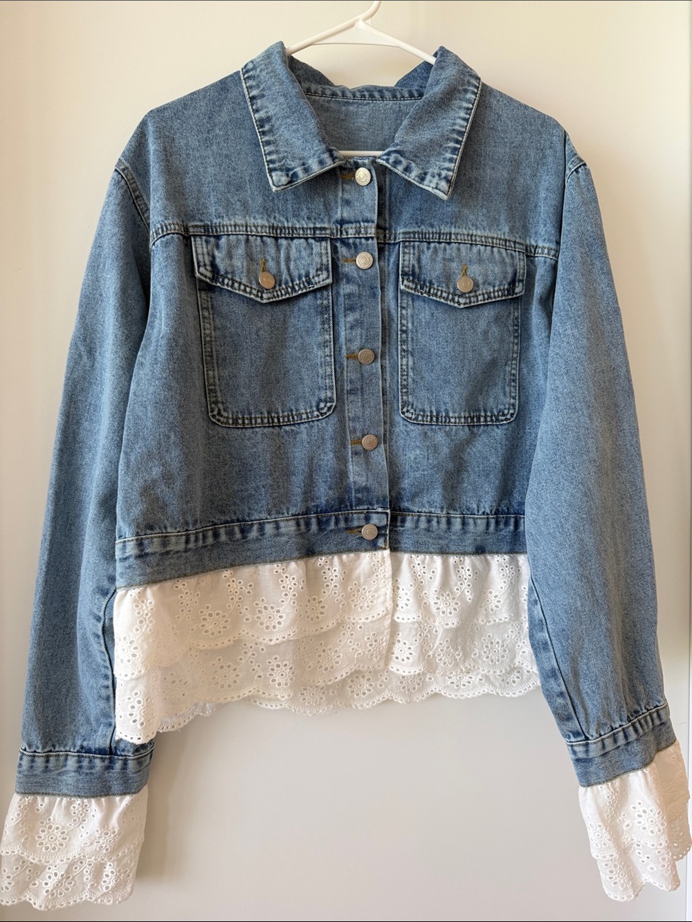 Y2K Denim Jacket White Eyelet Lace Ruffle Trim 1XL